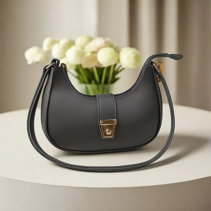 Crescent Luxury Faux Leather Shoulder Bag – Dark Gray Elegant Handbag for Women | Auraline
