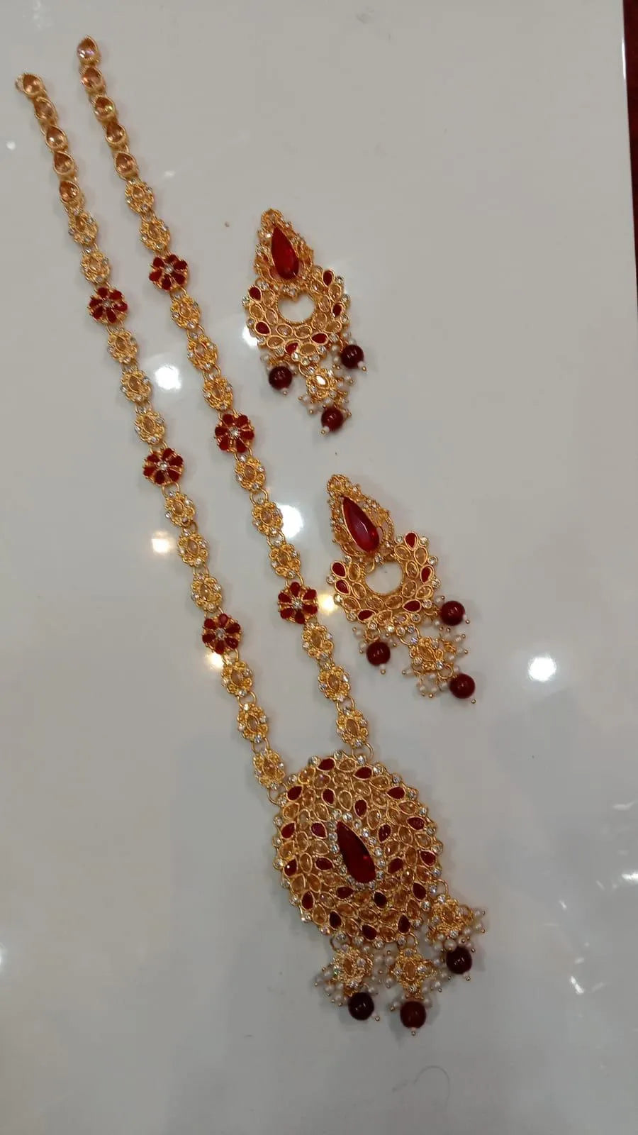 Gold Plated Artificial Jewelry Set – 3 Pcs Red Stone Collection for Women
